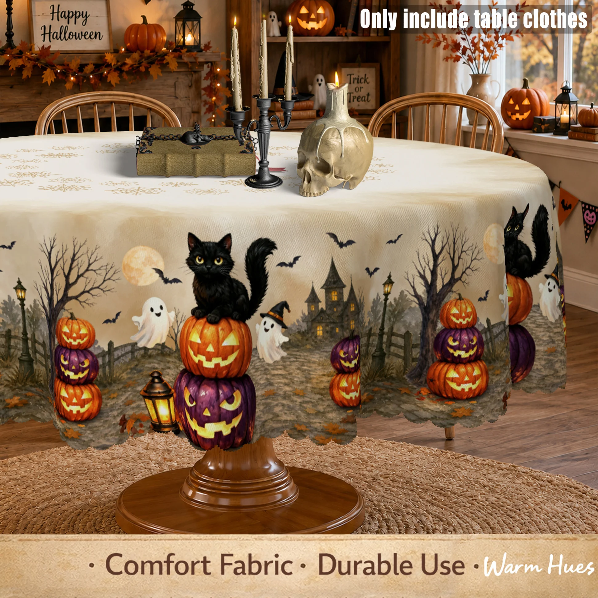 1 piece: Halloween black cat tablecloth with ghosts, bats, moons, and ghost castles