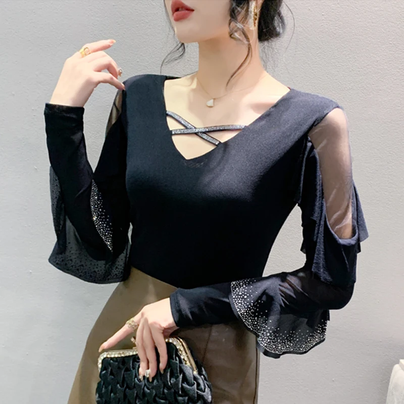 Dingaozlz  Chic Style Fashion Ruffles Women T-shirt Diamonds Slim Casual Female Tops Patchwork Contrast Mesh Tees