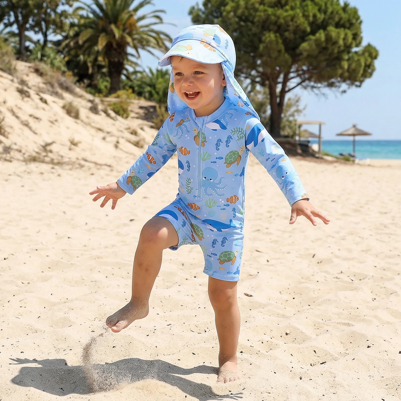 Tregren Toddler Baby Boy Rash Guard Swimsuit with Hat 2 Pcs Set Marine Life Print Zip Up Long Sleeve Swimwears Summer Beachwear