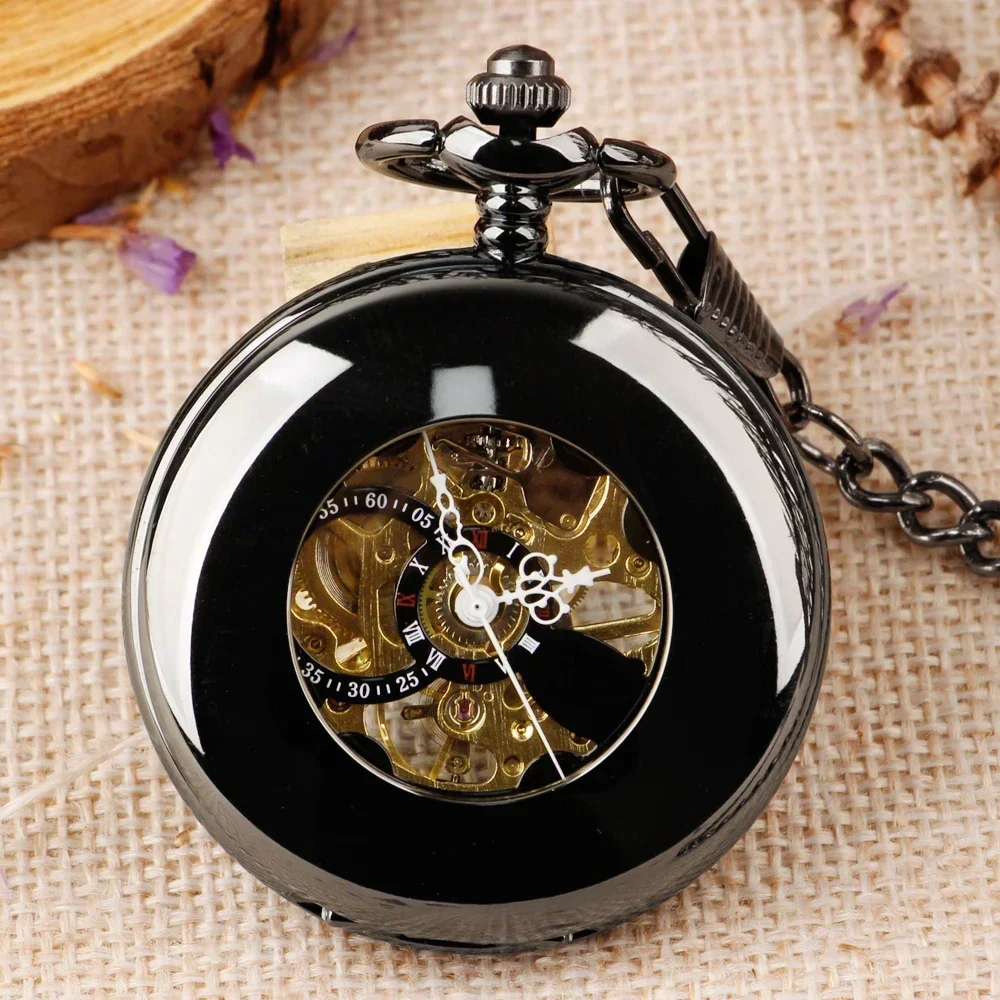Montre de poche rétro noire pour hommes, remontage manuel, pendentif mécanique, Fob, Design demi-chasseur, horloge de poche Vintage, cadeau pour hommes