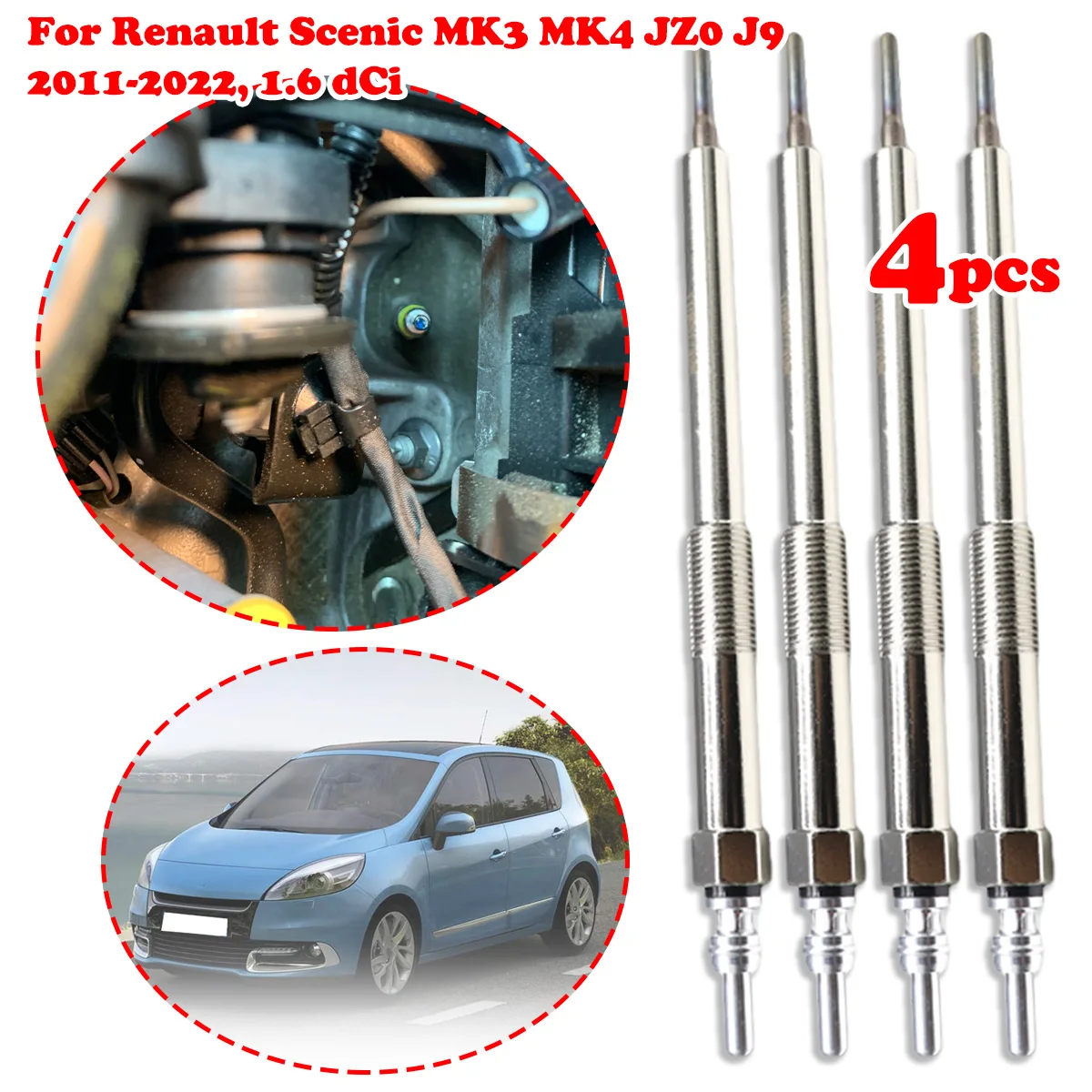 

Комплект из 4 никелированных свечей накаливания 4.5V для дизельных систем отопления Renault Scenic MK3 MK4 JZ0 J9 2011-2022 1.6 dCi, замена, артикул 6221590001