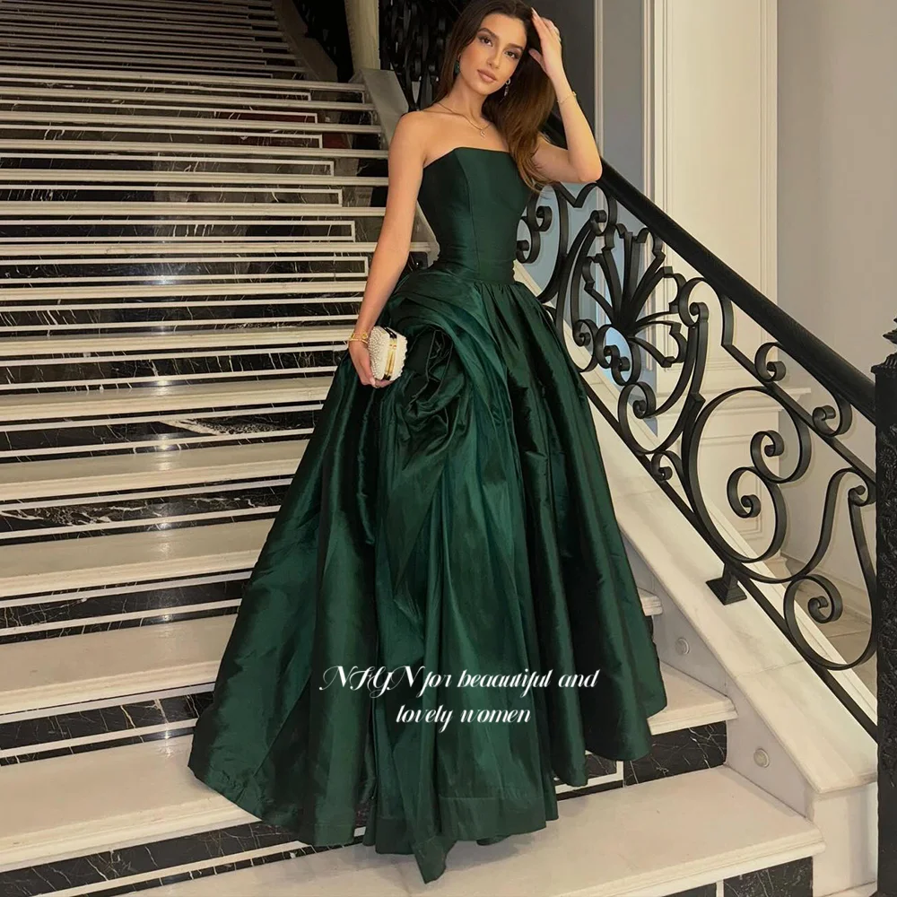 

NFYN Green Prom Dress Strapless Party Dress with Flowers Satin Evening Dress Formal Occasion Dress for Arabic Women Customized