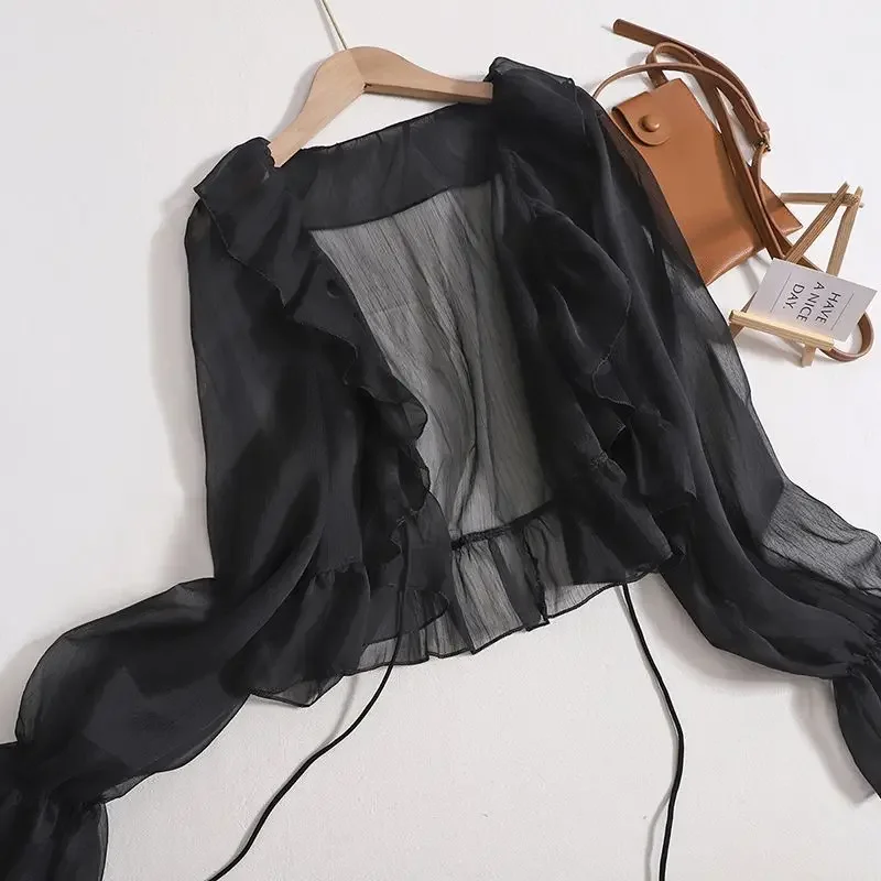 

Sun-proof Jackets Women Ruffles See-through Temper Flare Sleeve Breathable Summer Sweet Girl Thin Solid Basics Vacation Outwear