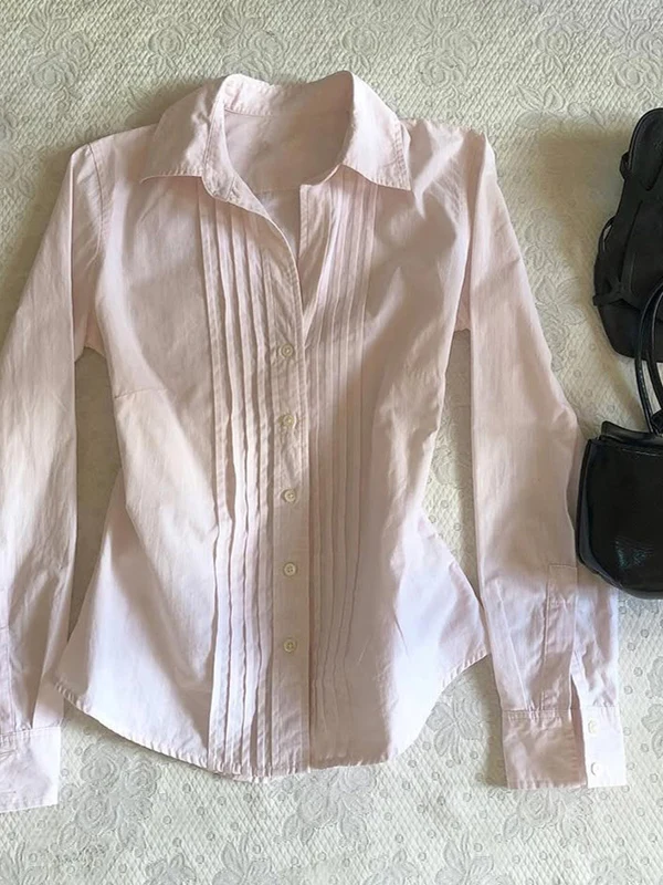 Originale retrò rosa lungo Sve irt f Sp ragazza versatile top dimagrante in cotone abbottonato Ne vestibilità regolare primavera 2025