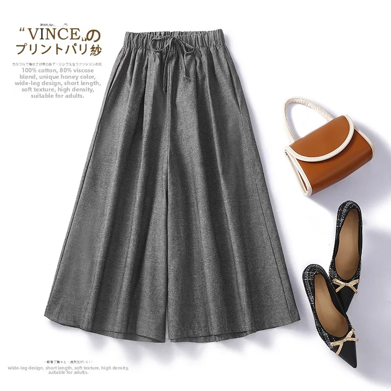 

Свободные повседневные хлопковые и льняные широкие брюки, летняя юбка с семи деталей, тонкие повседневные брюки с высокой талией для женщин