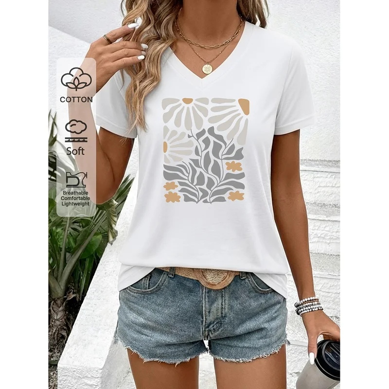 Women'S 100% Pure V-Neck Short-Sleeve T-Shirt Featuring Morandi Floral Art Prints, Breathable And Wrinkle-Resistant Fabric