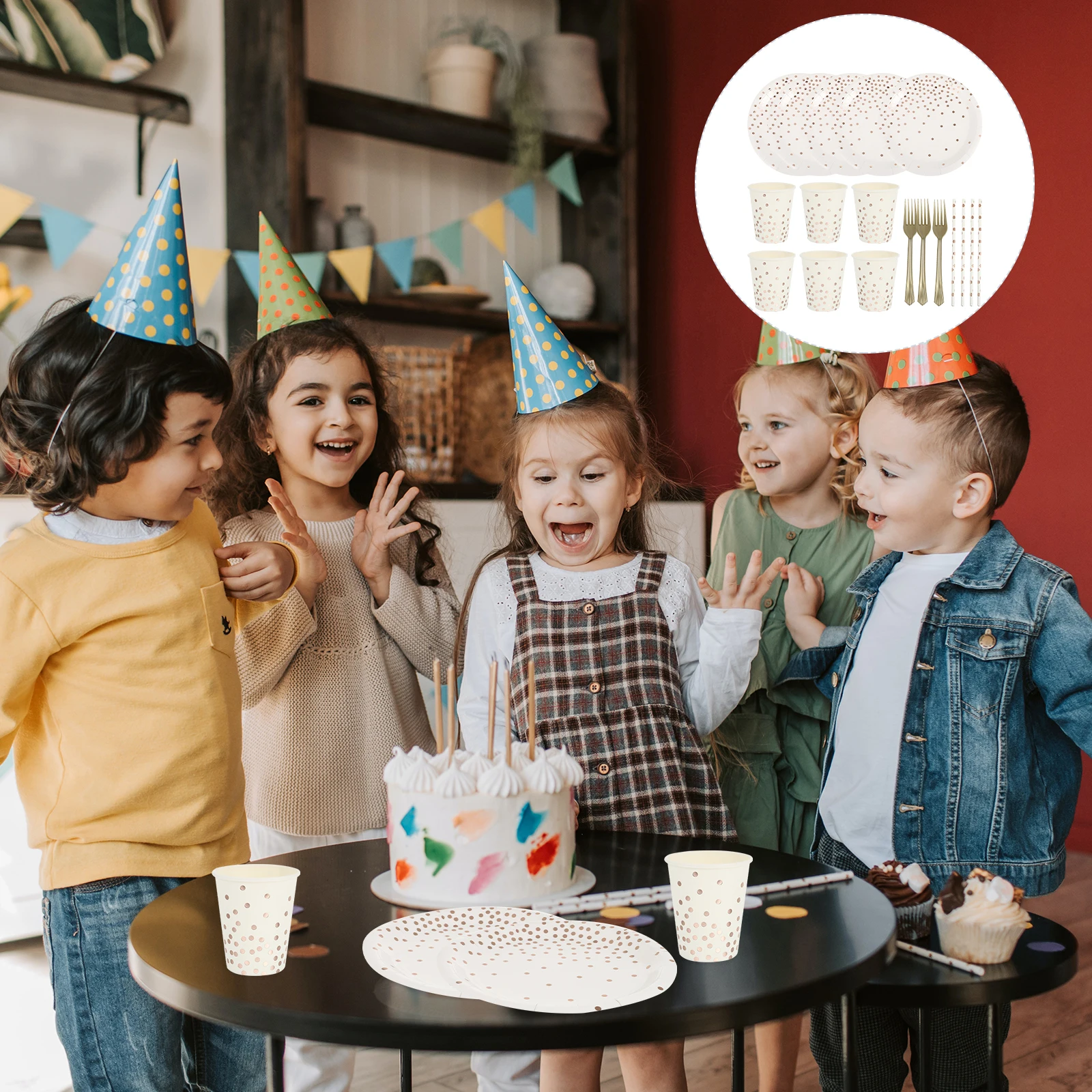 

Dot Disposable Paper Tableware Set Gold Plates Cups for Party Lightweight Stackable Birthday Wedding Anniversary