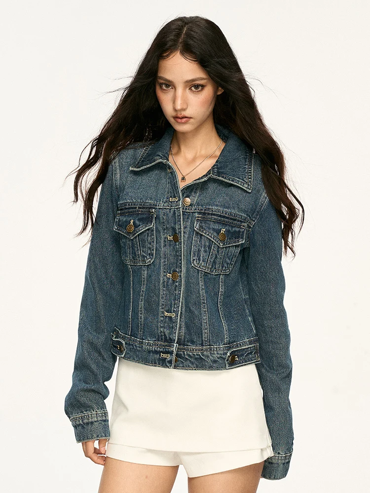 

Aaisup American Retro Distred Denim Jaet Women's Sle Slim Fit ort Coat Autumn New Hot Girl Personali Top irt