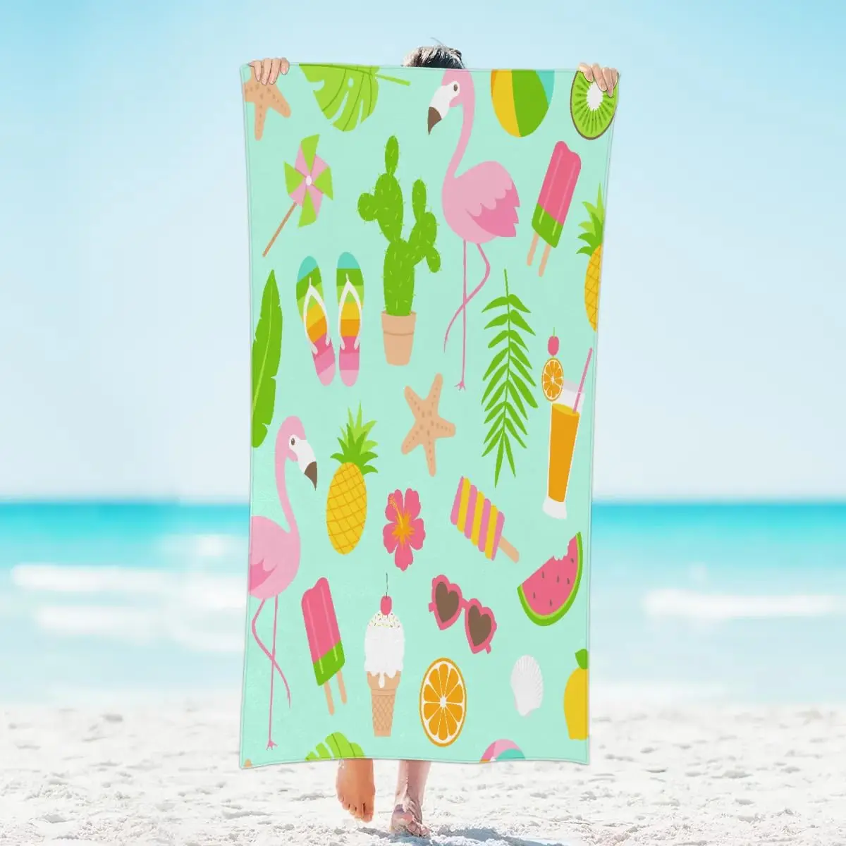 Summer Flamingo Fruits Beach Towel, Large Microfiber Quick Dry Lightweight Pool Bath Towels Sand Free Beach Blanket for Summer
