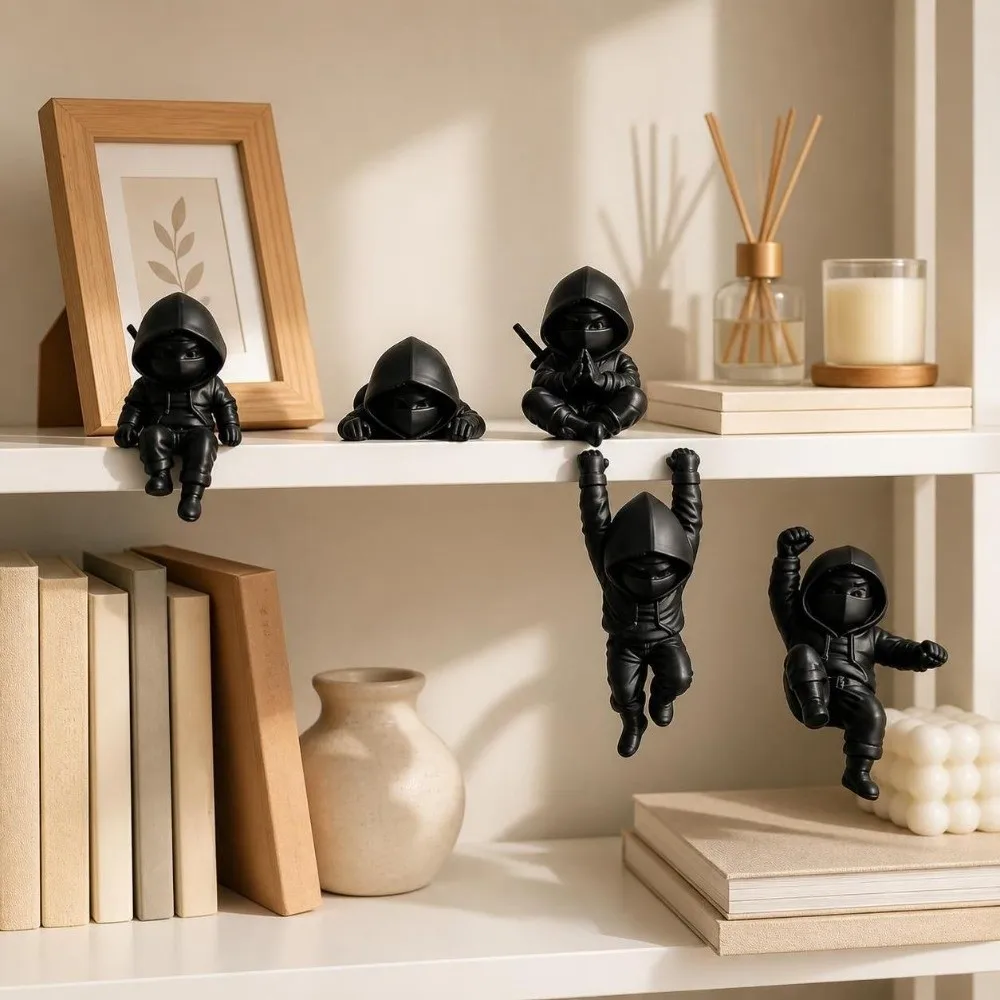 5 pcs 3D Printing Ninja Ornaments Mini Funny Hooded Man Figure Hanging Decor Five Action Postures Ninja Statue Office