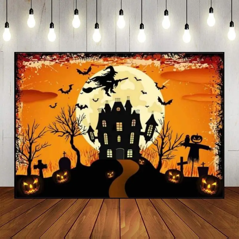 Halloween Background Photo Clown Castle Birthday Decoration Cemetery Custom Backdrop Magic Witches Bat Lantern Full Moon Spooky