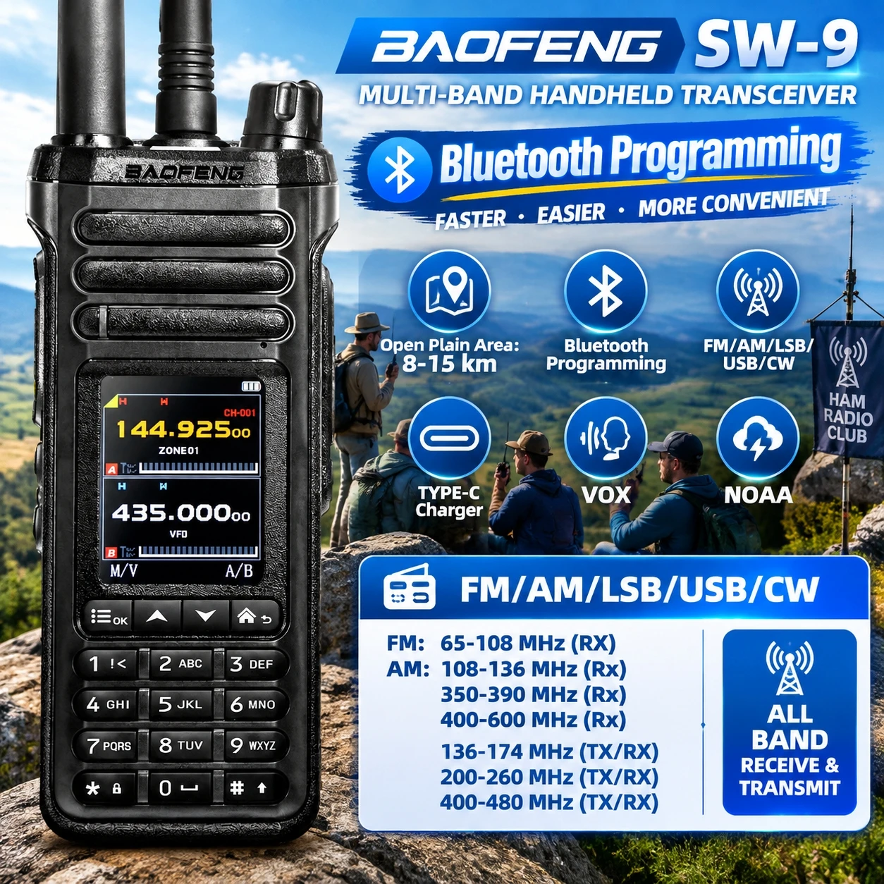 Baofeng Sw-9 10W Multi Mode Ham Radio Fm Am Lsb Usb Cw Shortwave Radio Bluetooth Programming Noaa Weather Receiver Walkie Talkie
