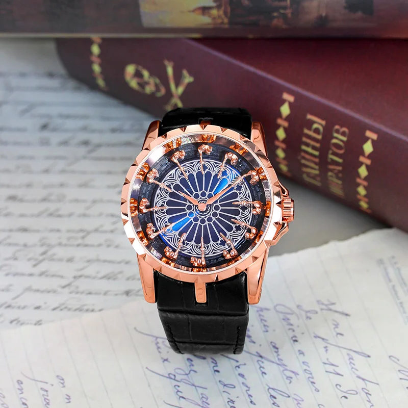 

A men's rose-black leather belt with a minimalist elegant carved texture knight quartz watch