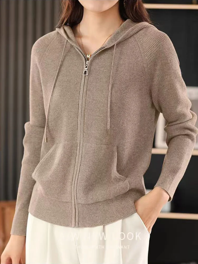 Womens Loose Knitted Long sleeve Wool Sweater Spring Cardigan Jacket Korean Tops Female Leisure Zipper Hooded Cashmere Sweater