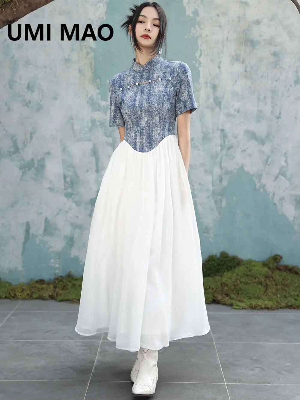 

UMI MAO New Chinese Vintage Dress Elegant Women's Blue And White Contrast A-line Imitation Denim Spliced Chiffon Long Dress