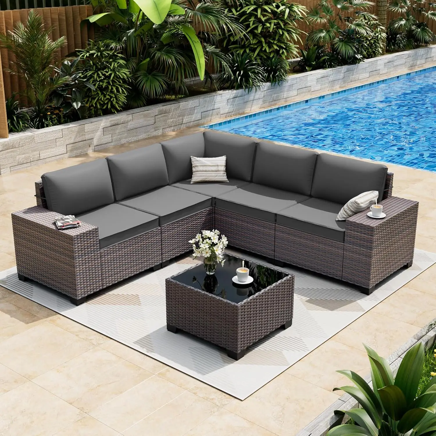 

6 Pieces Patio Furniture Set, Oversized Seat/Armrest And High Back Wicker Sectional Furniture Set With Thick, Customized