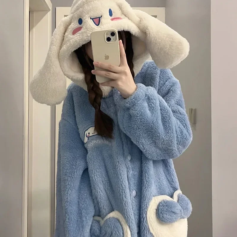 Sanrio Cinnamoroll Pajamas Cartoon Sweet Nightgown Women Plush Thicken Homewear Winter Flannel Warm Clothes Girl Kawaii Bathrobe