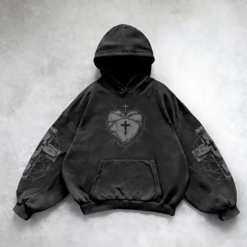 سترة بغطاء للرأس للخريف والشتاء، على الطراز الأوروبي والأمريكي، سترة بغطاء للرأس مطبوعة جديدة، طراز قوطي فاسق عتيق عتيق #2