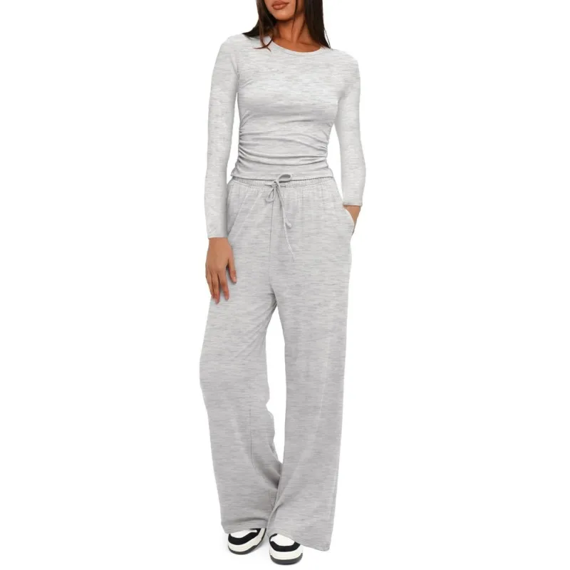 

Женский повседневный комплект: однотонная облегающая футболка с длинным рукавом и круглым вырезом + брюки с высокой талией и широкими штанинами, 2-х предметный комплект для женщин, спортивная одежда