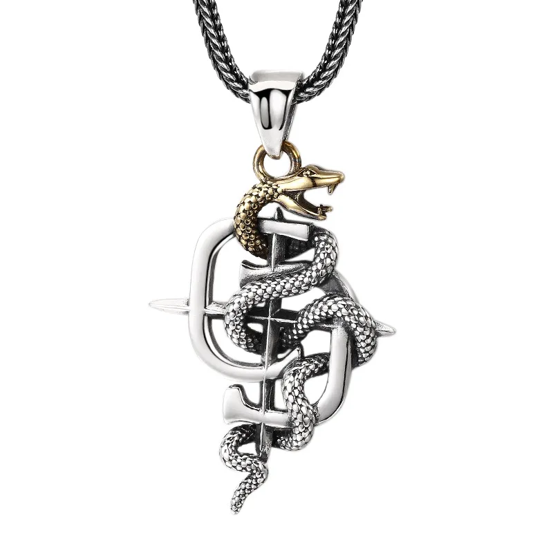 

Vintage Gothic Python Necklace for Men - 925 Solid Sterling Silver Punk Rock Snake Pendant, Biker Jewelry