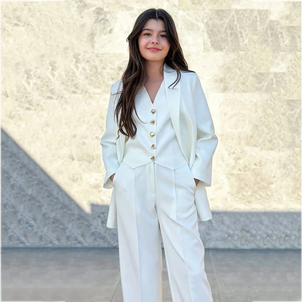 Girls White 3 Piece Suit Jacket Vest Pants Straight Single Breasted Kids Formal Wedding Birthday Party Children Elegant Outfit