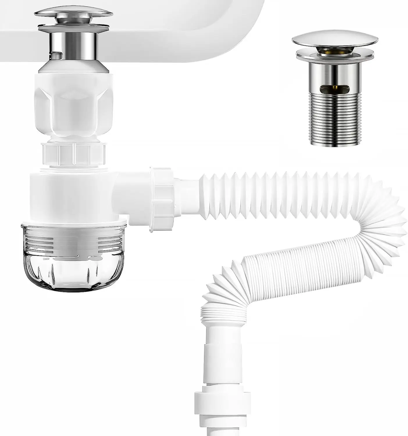 Polished Bathroom Sink Drain Kit with Flexible Sink Drain Pipe -No Tool Installation,11.8-28.4
