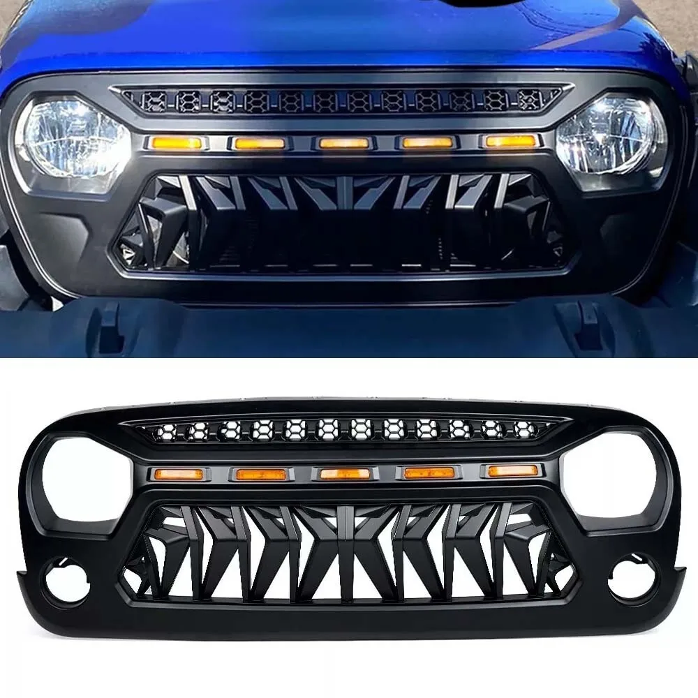

For 2018-2024 Jeep Wrangler JL Front Grille Bumper Upper Grill w/ LED Lights Car Front Grille Bumper Mesh Grid Accessories