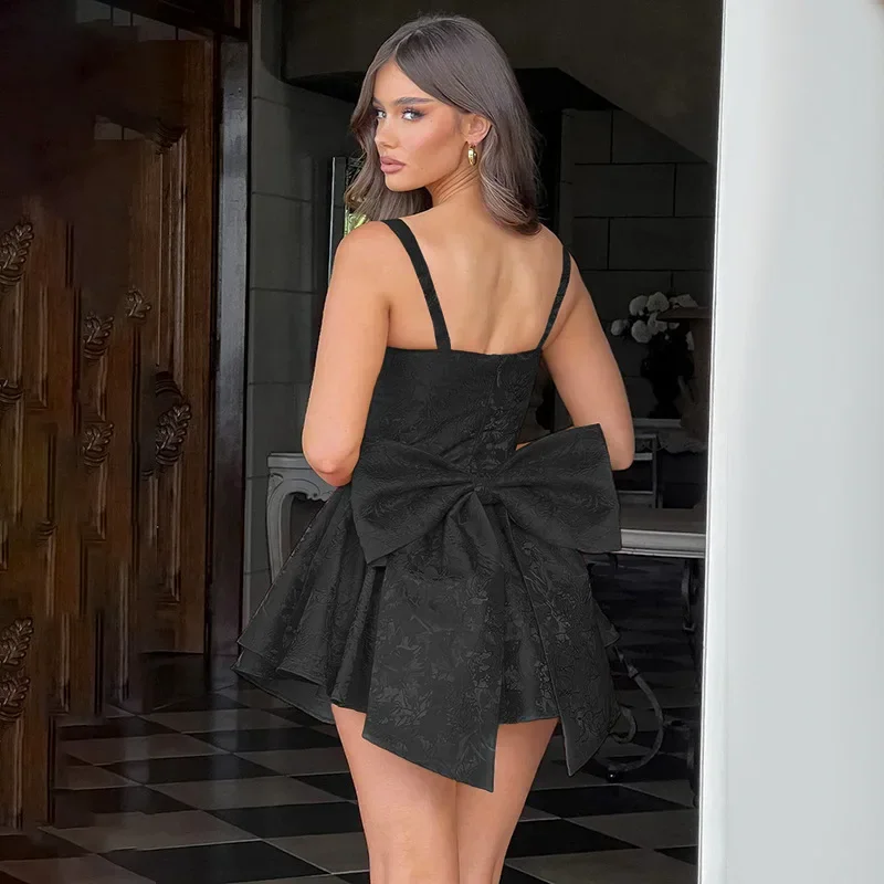 Żakardowa kokardka bandażowa Backless seksowna sukienka trapezowa kobiety Spaghetti pasek sukienka na imprezę Bodycon Mini letnia sukienka Vestidos