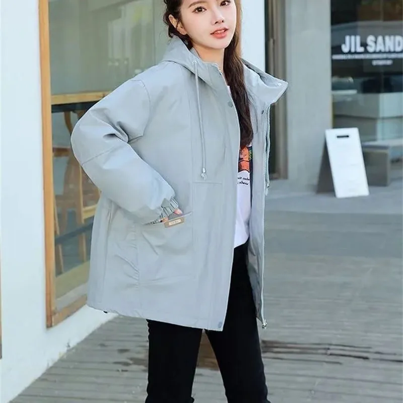 Simple Tooling Coat Women's Spring Autumn 2025 New Windbreaker Jacket Lady Retro Hooded Overwear Large Size Female Outcoat Tops
