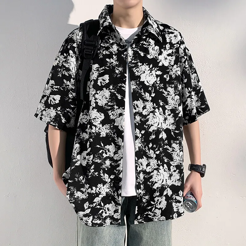 Men's Big & Tall Ice Silk Short Sleeve Floral Shirt - Lightweight Breathable Summer Top Loose Fit Casual Hawaiian Style Top Man