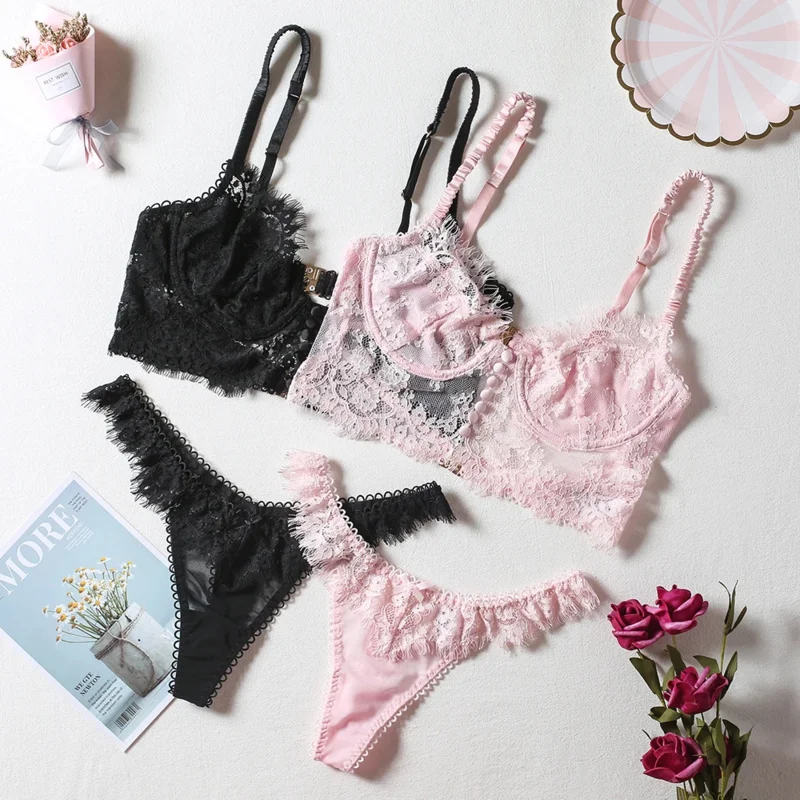 Large Size Lingerie Set Women's Underwear Sets Eyelash Brassiere Lace Lingerie Set Sex Lace Bralette Bra and Panty Pink Panties