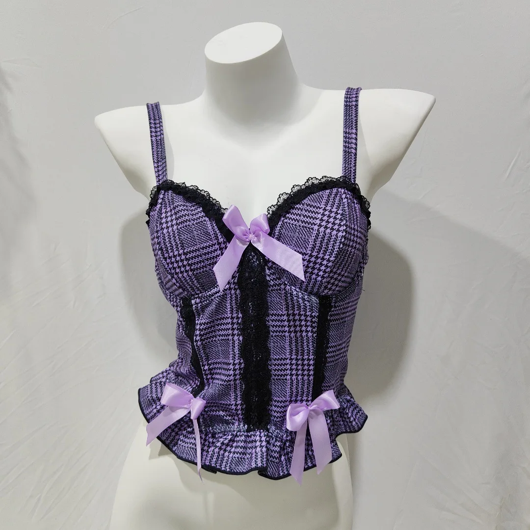 New purple checkered lace patchwork bow decoration sexy bandeau top vintage bandeau corset trendy original street style retro