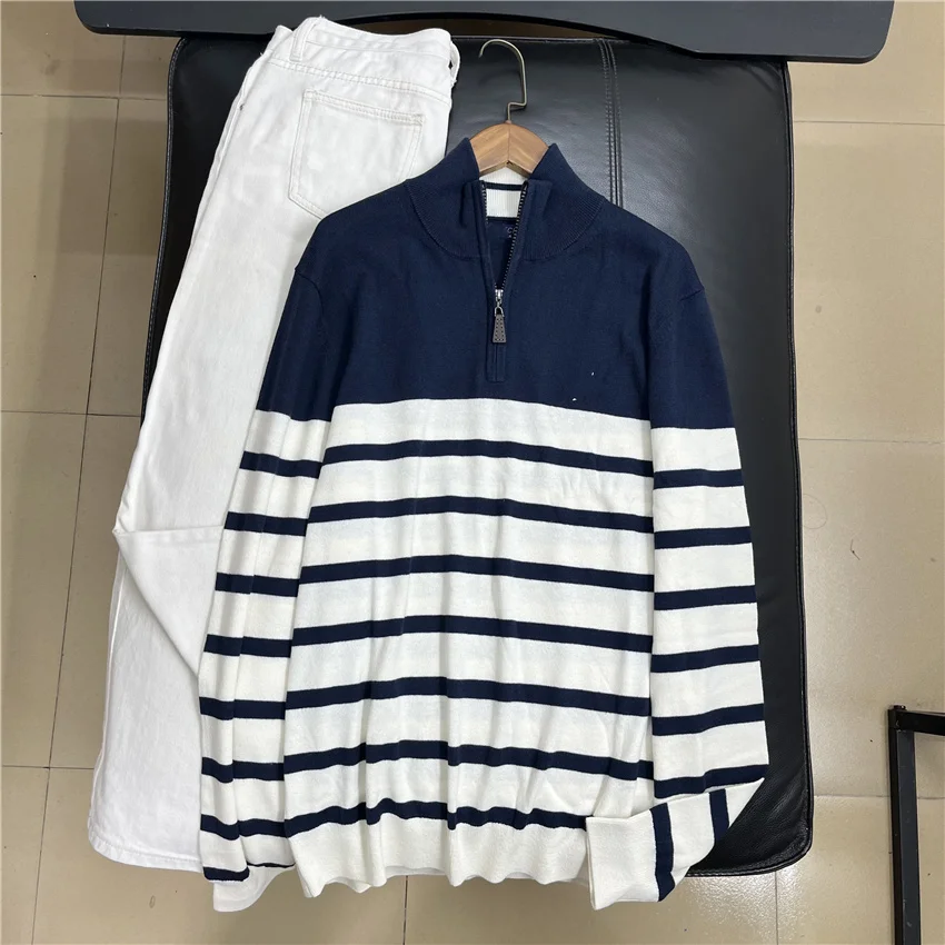 

Ele Briti Sle, длинный вязаный свитер на молнии с высоким воротником, повседневная мужская полосатая мода для деловых поездок, повседневная одежда