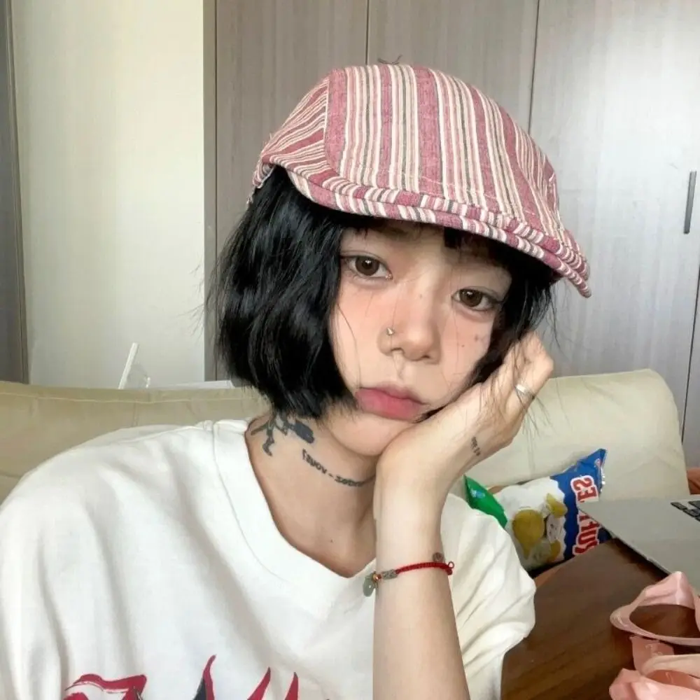 

Adjustable Vintage Newsboy Cap Striped Sunscreen Peaked Caps Y2k Unisex Painter Hat Spring Summer