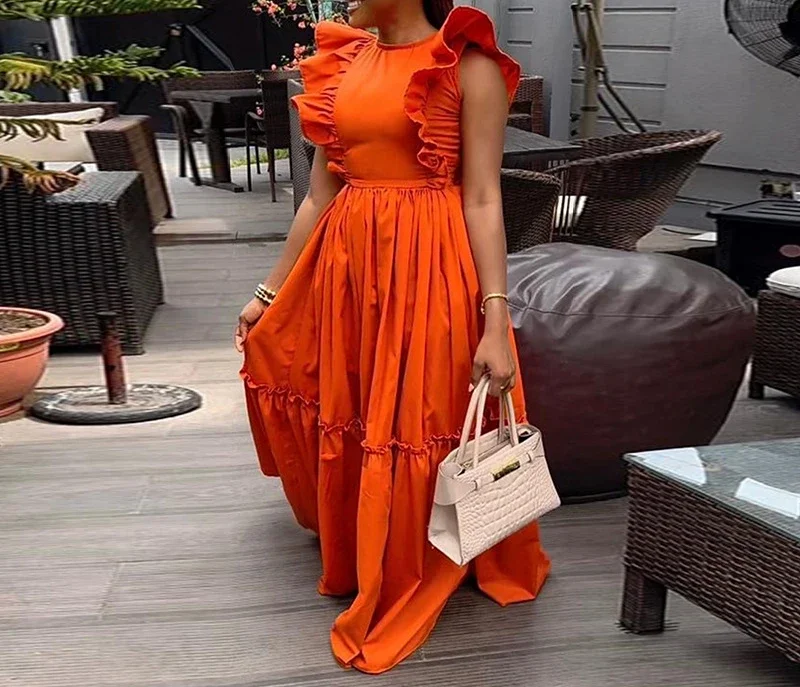 

Dress for Women Clothing New Style Temperament Ruffled Short Sleeved Round Neck Waist Cinched Long Swing Dresses 2024 Summer