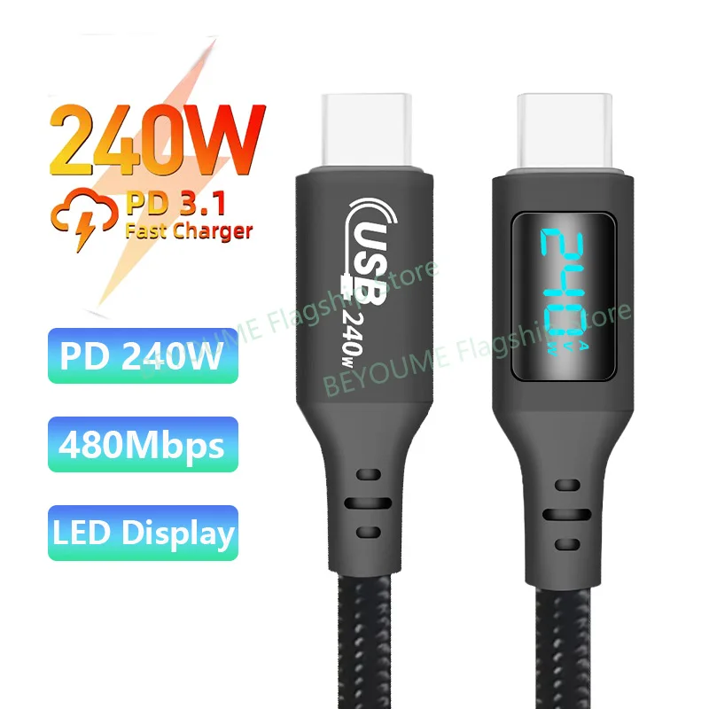 240W USB C To Type C Cable 5A Fast Charging Type-C Charge Date Cables LED Display USB-C Phone Charger For iPhone 15 Plus Pro Max