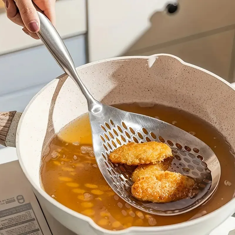 

Modern Matte Brushed Stainless Steel Slotted Spoon - 2In Deep Bowl Fine Strainer with 17In Extra Long Wooden Handle