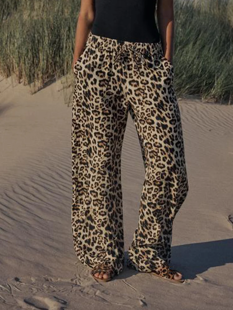 2024 Summer New European and American Style Fashion Women\'s Linen Blended Leopard Print Wide Leg Trousers