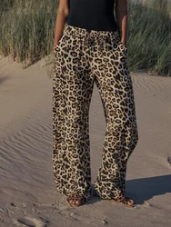 2024 Summer New European and American Style Fashion Women's Linen Blended Leopard Print Wide Leg Trousers