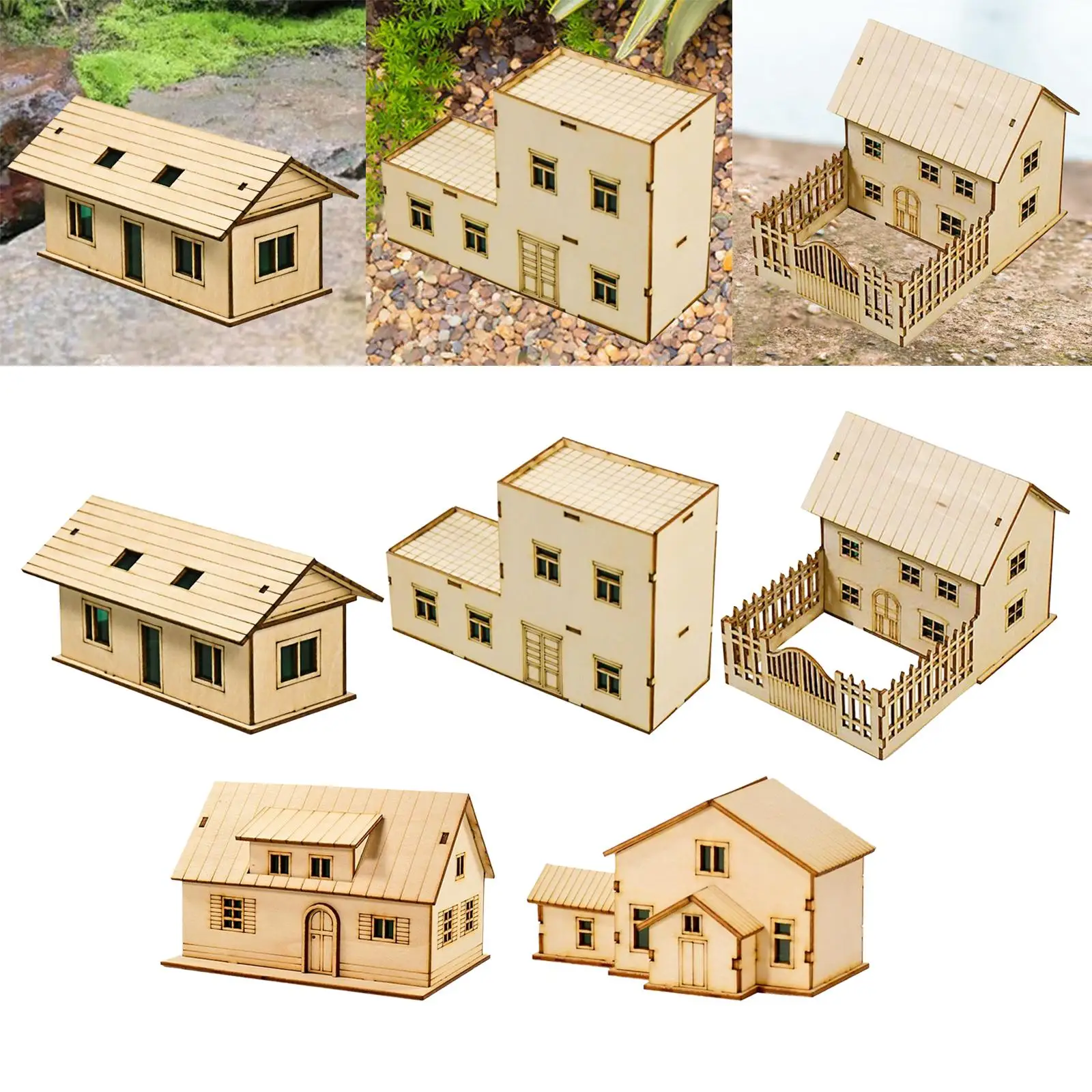 1/60 Houten Miniatuur Huis Ongeverfd Ornament 3D Accessoire Architectuur Scène Landschap Gebouw Model voor Tieners Volwassenen Gift
