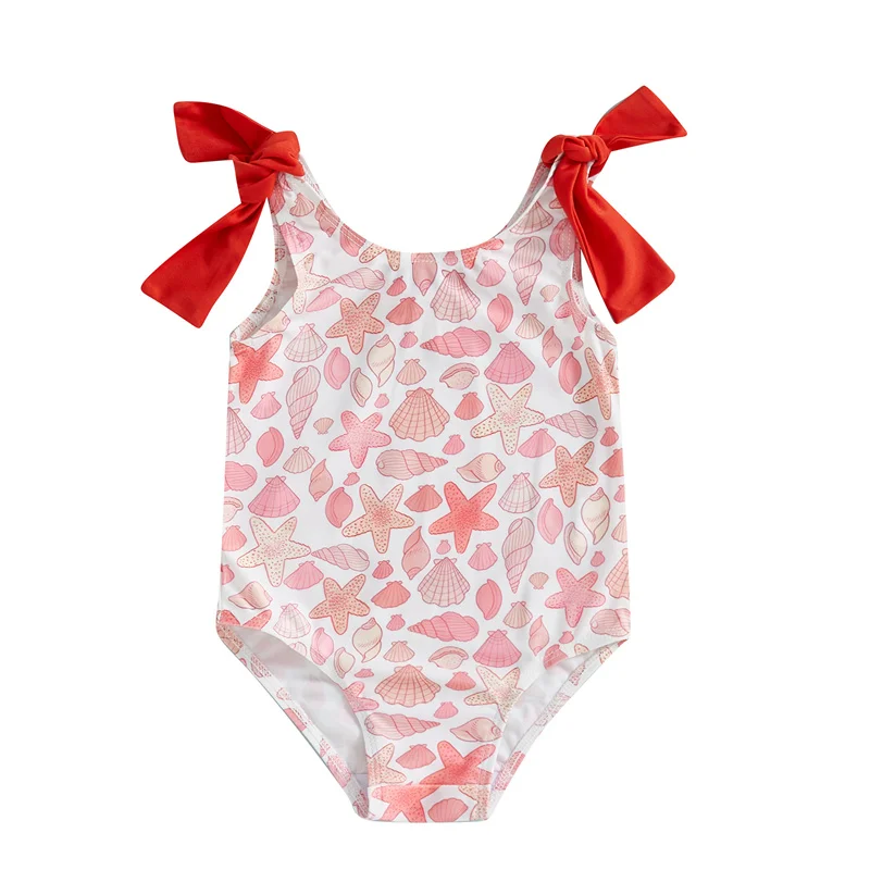

Cathery Toddler Baby Girls Swimsuits Cute Starfish Seashell Print Sleeveless Bow Shouder Bodysuits Bathing Suit Baby Swimwear