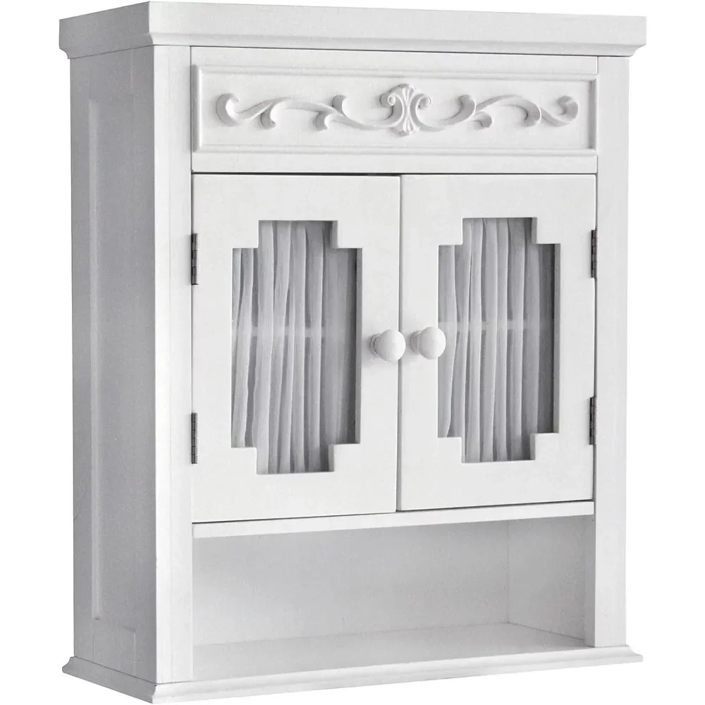 Lisbon Removable Wooden Wall Cabinet with Drapery-Lined Doors, White Bathroom Storage Shelf Organizer