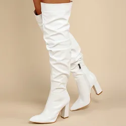 Winter Women Over-the-Knee Boots Punk Style Square High Heel Zipper Shoes Pleated Pointed Toe Ladies Long Booties