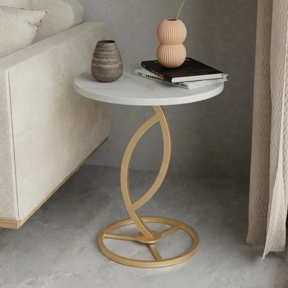 Creative Sofa Stone Plate Small round Side Table Living Room Side Table Balcony Coffee Table Simple Metal Corner Table