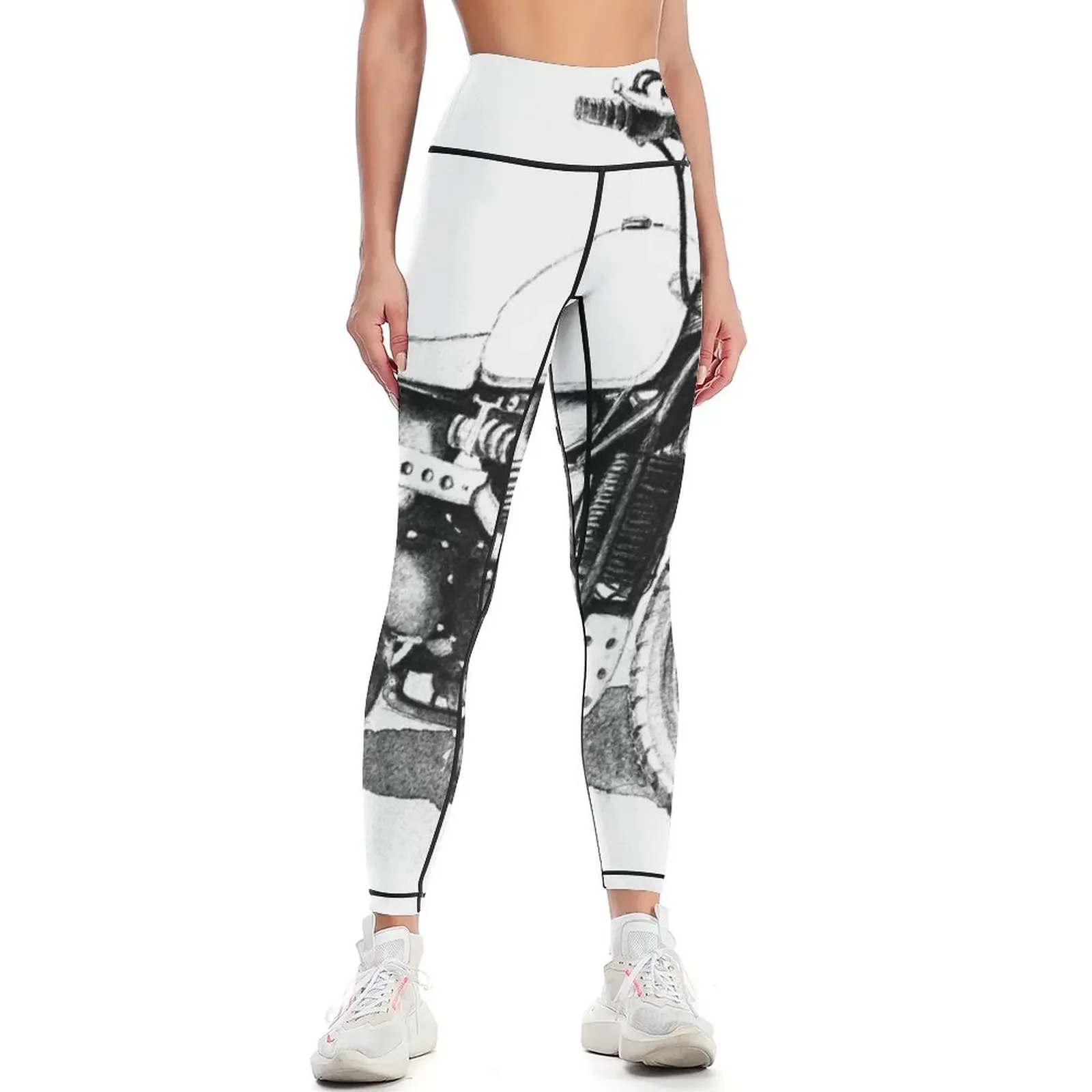 Black and white sketch of a motorcycle Leggings gym womans legging gym flared Women's sports Womens Leggings