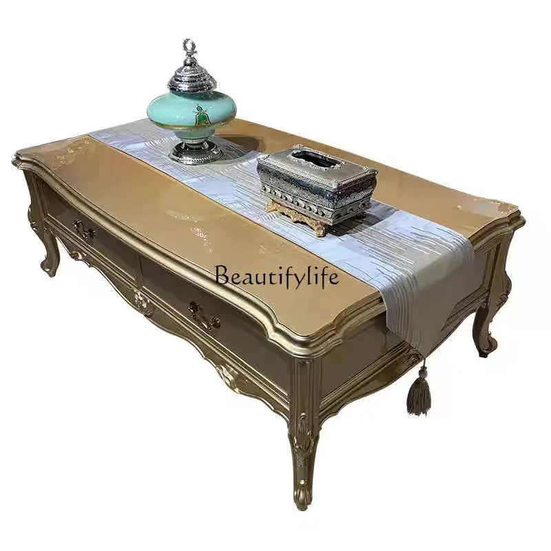 

European coffee table small apartment solid wood carving flower champagne edge table