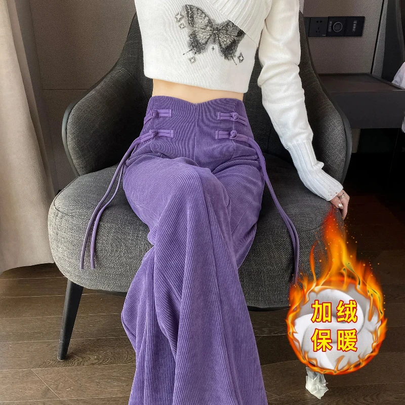 Autumn Winter New Fashion Elastic Waist Solid Lacing Corduroy Women's Clothing Korean Wide Leg Trousers Loose All-match Pants