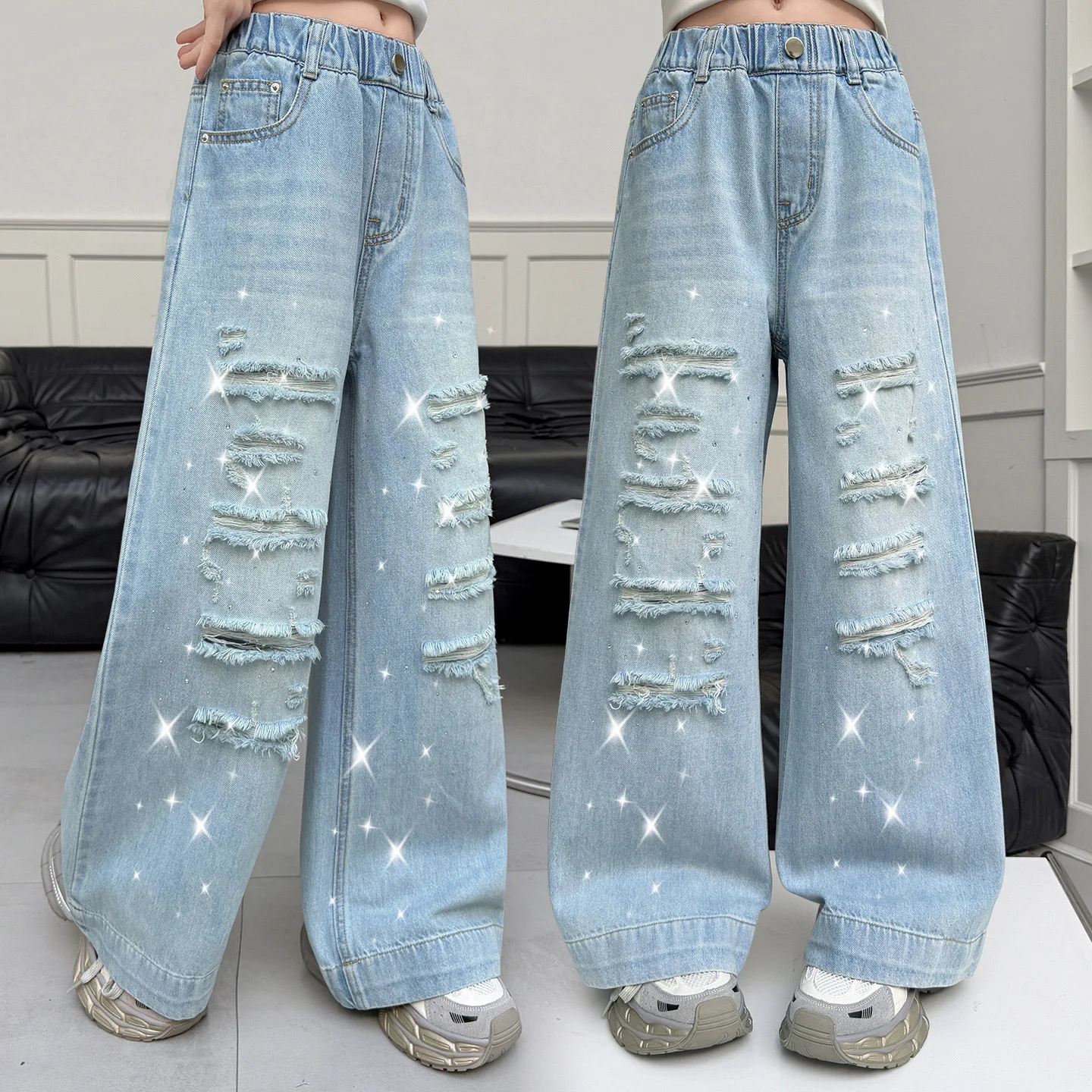 Girls Cowgirl Ripped Jeans With Hole Kids Casual Style Destroyed Denim Pants Spring Summer Child High Street Clothes 5-14 Years