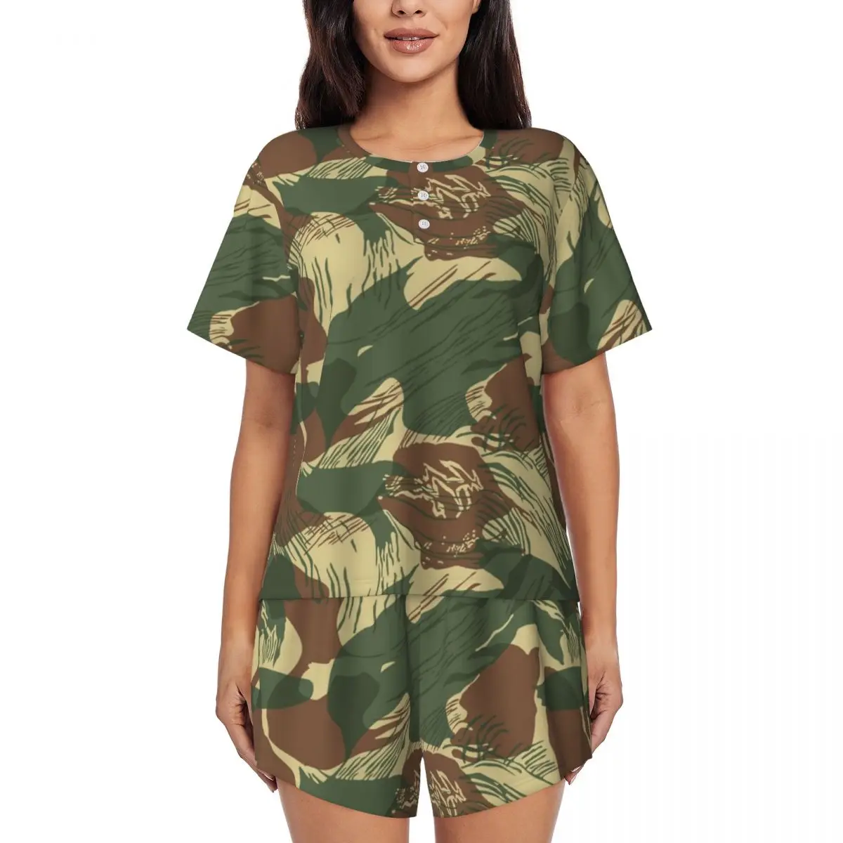

Rhodesian Brush Stroke Camouflage Round Neck Short Sleeve Nightgowns for Sleeping Sleepshirts Women Soft Pajama Set Short Pants
