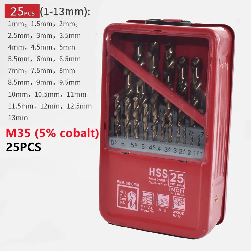 13/19/25pcs HSS Ti Coated Drill Bit Set 1.0-13mm for Metal Woodworking Drilling Power Tools Accessories in Iron Box